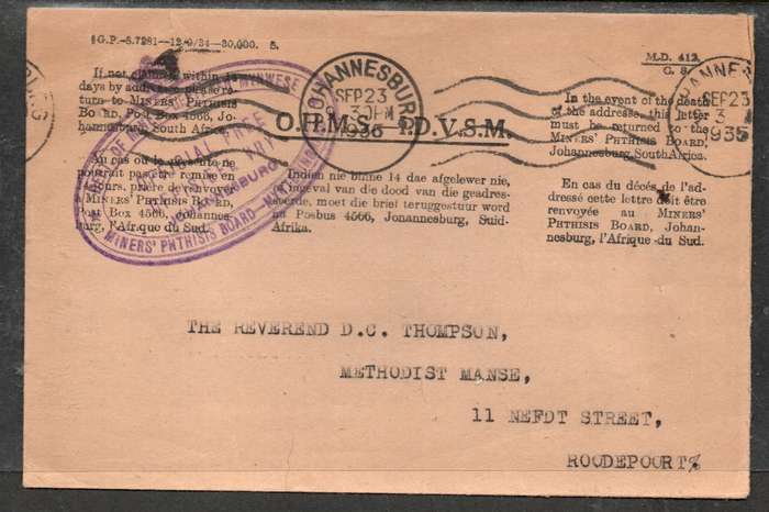 O.H.M.S. DEPT OF MINES PHTHISIS BOARD OFFICIAL FREE used JOHANNESBURG