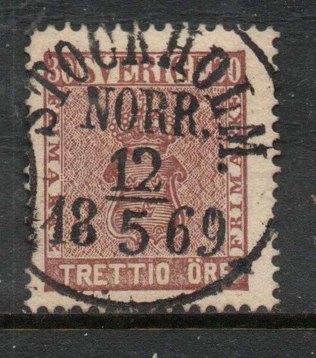 Sweden 1858 - 1872, 30 ore pink, used, STOCKHOLM 18 V 69c.d.s.