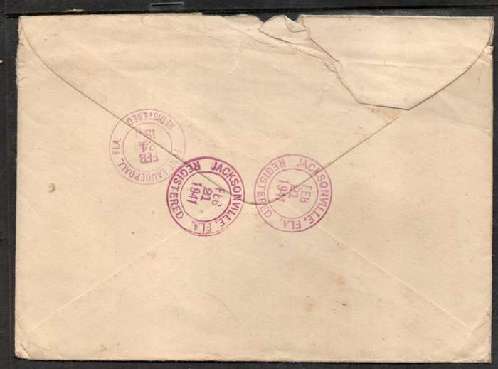 British Consulate, Jacksonville Florida, registered 24c JACKSONVILLE FLA FE 21 1941> FT LAUDERDALE