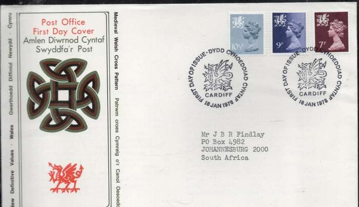 Great Britain EIIR FDC new definitives: Wales 1978: 10 1/2p. 9p, 7p > S.Africa