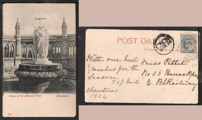 India, PPC Memorial Well, Cawnpore, used 3pies,  CALCUTTA 24 DEC 04 > BARRACKPORE