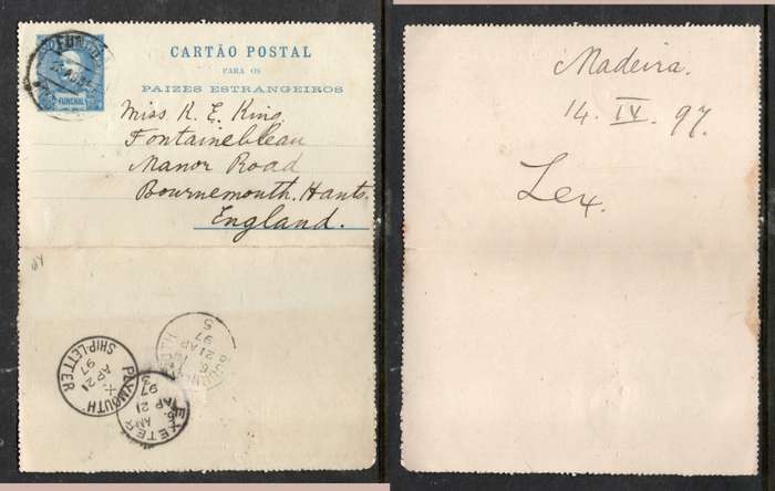 Portugal, Madeira, Funchal, 50Reis Letter card, FUNCHAL14 AP 97, PLYMOUTN SHIP LETTERAPR 21 97