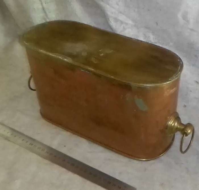 Two bottle wine cooler (ice), copper body, brass handles