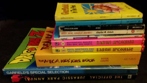 Children`s collection 11 books: Garfield, Jurassic Park, Pokemon, Charlie Brown, Dragonball Z, etc.