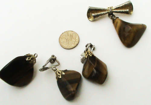 Tiger Eye jewellery ensemble - clip on earrings, brooch & pendant - vintage 4 items