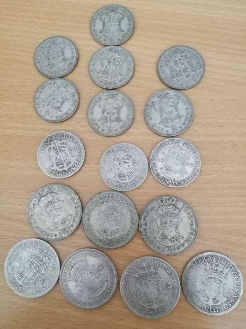17 X SILVER 2 SHILLINGS and 2 1/2 SHILLINGS COINS UNION OF SOUTH AFRICA VARIOUS DATES