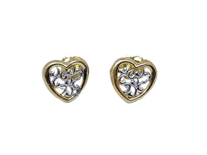 9CT SMALL TWO TONE FILIGREE HEART STUD EARRING