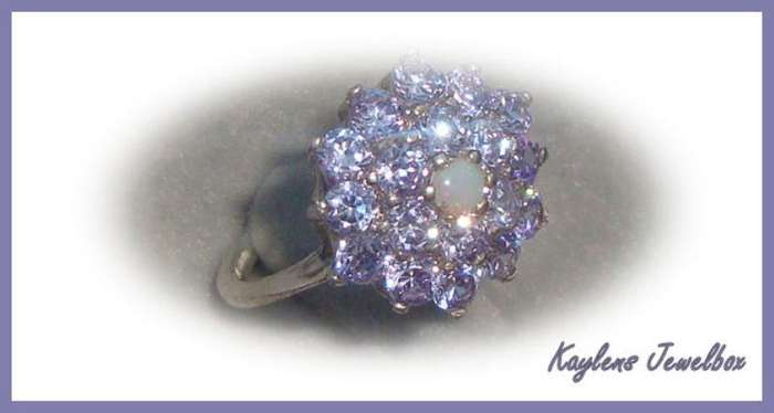 ***R1499***SOLID SILVER LILAC STONE & OPAL CLUSTER RING - m