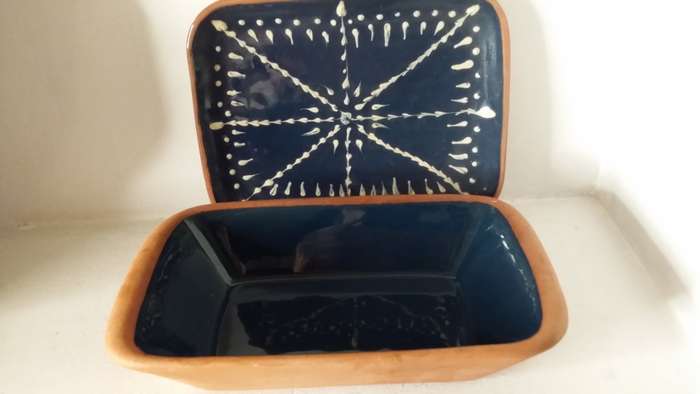 2 piece Terracotta and Blue Bowl and Dish 25 and 21 cm