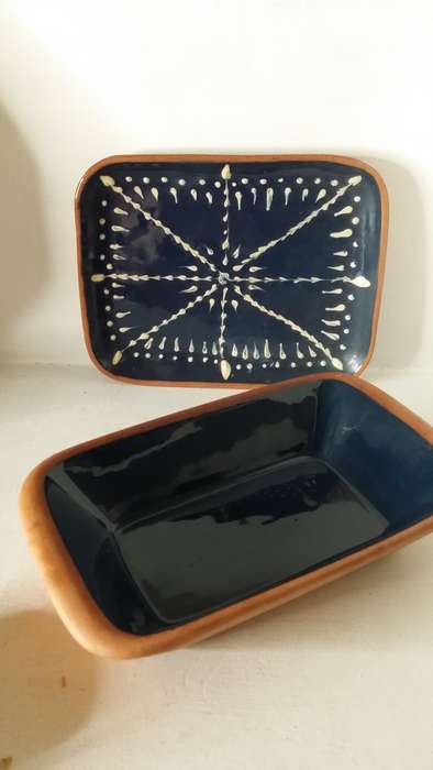 2 piece Terracotta and Blue Bowl and Dish 25 and 21 cm