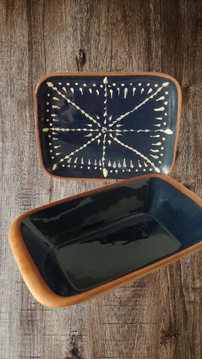 2 piece Terracotta and Blue Bowl and Dish 25 and 21 cm