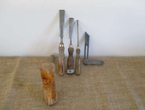 We Are Real Vintage.... 3x Carpenters Chisels  1x Wooden Mallet  1x Carpenters Square