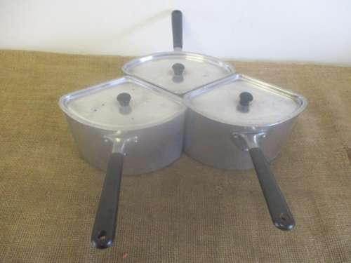 Collectable Vintage Crown S Merton Triangular Aluminum Cooking Pot Set     Approx Mid 1900's
