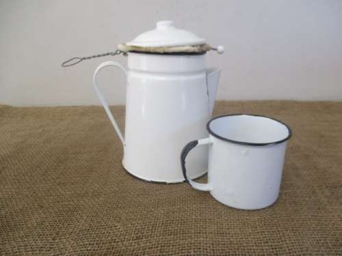 For Lorn`s Bid Only - Beautiful Enamel Coffee Pot With Coffee Bag And Enamel Cup