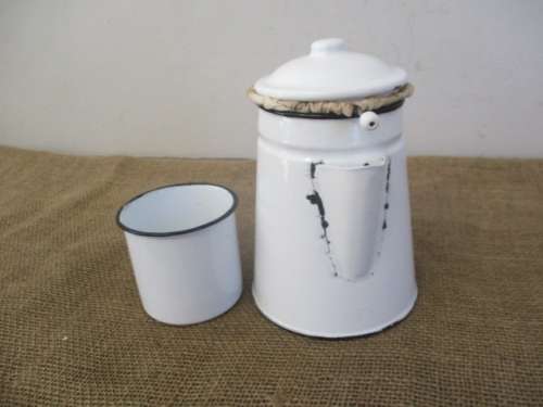 For Lorn`s Bid Only - Beautiful Enamel Coffee Pot With Coffee Bag And Enamel Cup