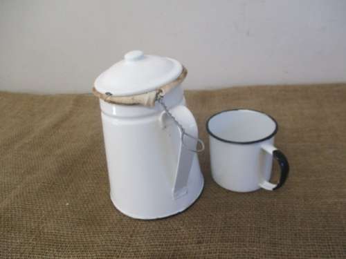 For Lorn`s Bid Only - Beautiful Enamel Coffee Pot With Coffee Bag And Enamel Cup