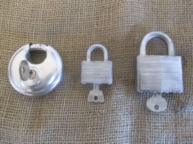 Laminated No 5 & No 22 Vintage Master Lock Co Padlocks & One Stainless Steel Padlock