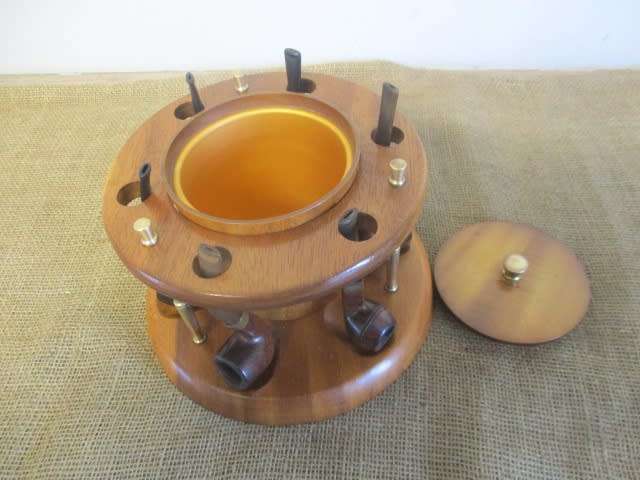 Impressive Vintage KMC Wooden Six Pipe Stand With Six Different Smoking Pipes Plus Extras