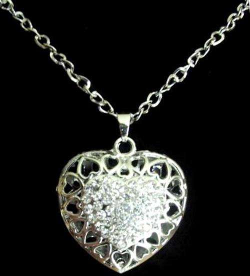 Crystal Filigree Heart Pendant and Extra Long Silvertone Chain 72cm