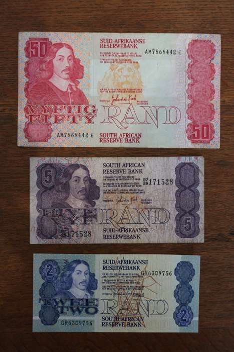 South Africa GPC de Kock Notes, R2 Twee / Two Rand, R5 Five / Fyf Rand, R50 Vyftig / Fifty Rand