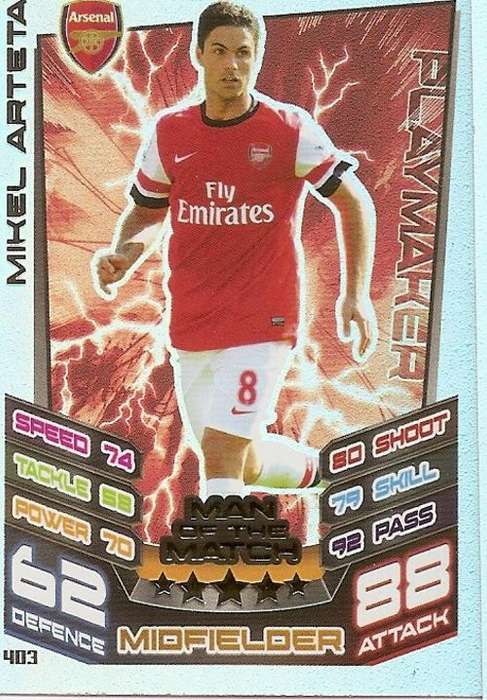 MIKEL ARTETA - TOPPS MATCH ATTAX 2012/2013 -  `MAN of the MATCH` TRADING CARD