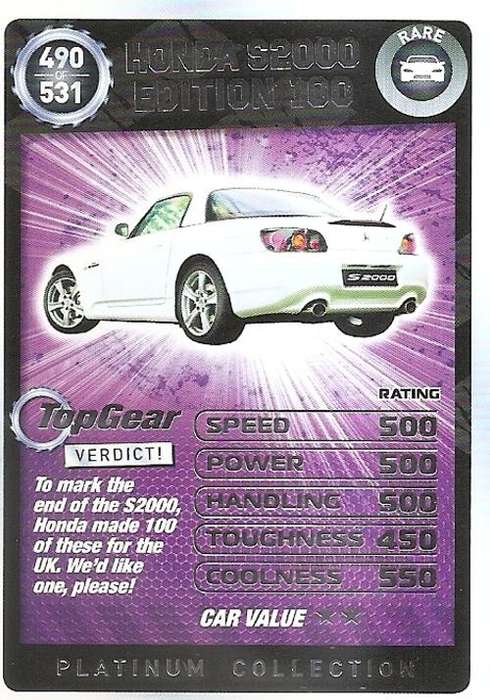 TOP GEAR TURBO CHALLENGE PLATINUM -  HONDA S2000 `RARE` 490 CARD