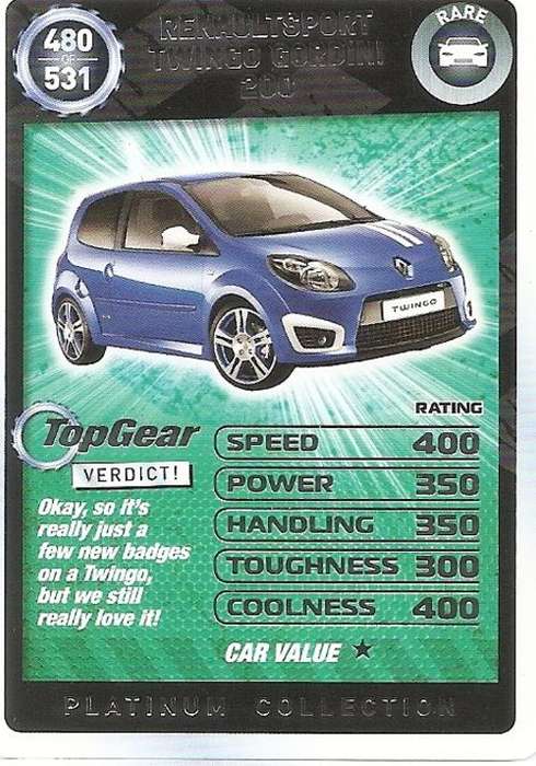 TOP GEAR TURBO CHALLENGE PLATINUM -  RENAULT SPORT GORDINI `RARE` 480 CARD