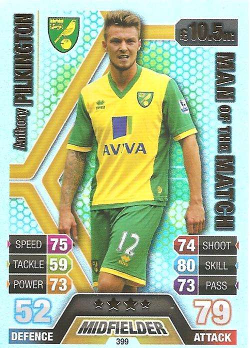 ANTHONY PILKINGTON - TOPPS `MATCH ATTAX` 2013/14 UK ONLY - FOIL `MAN of the MATCH` TRADING CARD 399