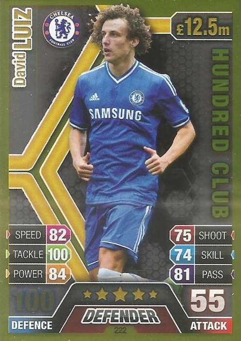 MATCH ATTAX 2013/14 - DAVID LUIZ `CLUB 100` TRADING CARD - SA EDITION