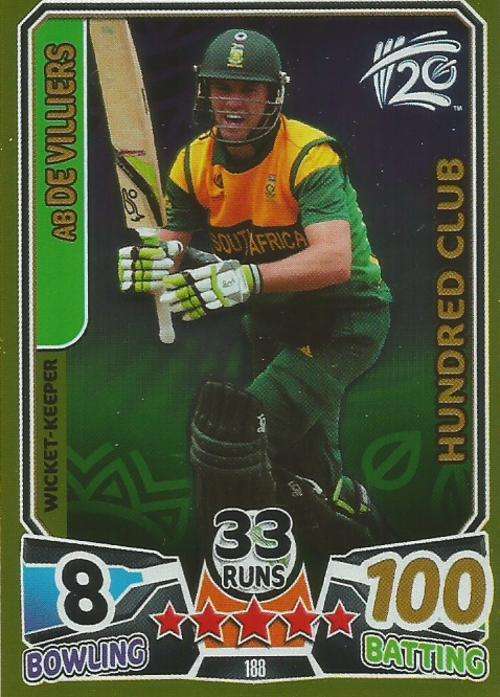 AB DE VILLIERS - TOPPS ICC CRICKET T20 WORLD CUP 2014 - RARE `CLUB 100` TRADING CARD 188