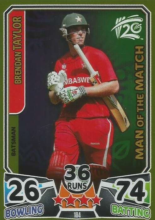 BRENDAN TAYLOR - ICC CRICKET T20 WORLD CUP 2014 - GOLD `MAN of the MATCH` TRADING CARD 184
