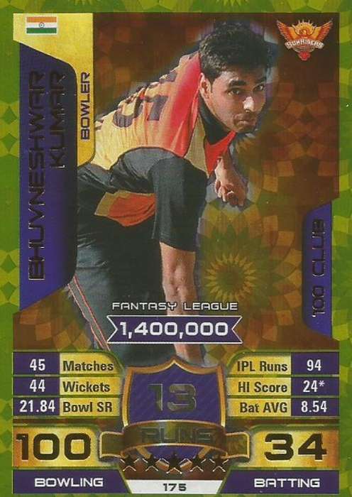 BHUV. KUMAR - IPL CRICKET ATTAX 2015/16 - "CLUB 100" GOLD TRADING CARD 175