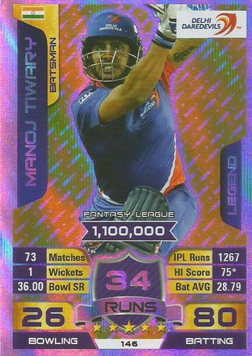 MANOJ TIWARY - IPL CRICKET ATTAX 2015/16 - "LEGEND" SILVER TRADING CARD