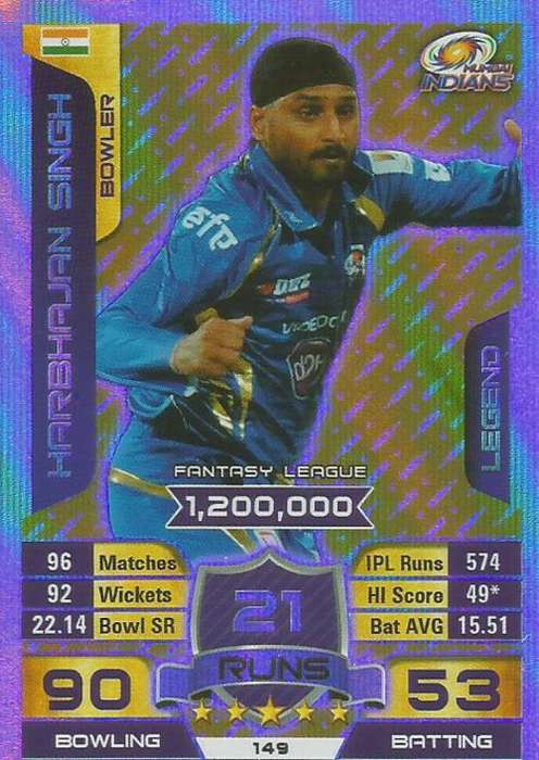 HARBHAJAN SINGH - IPL CRICKET ATTAX 2015/16 - "LEGEND" SILVER TRADING CARD