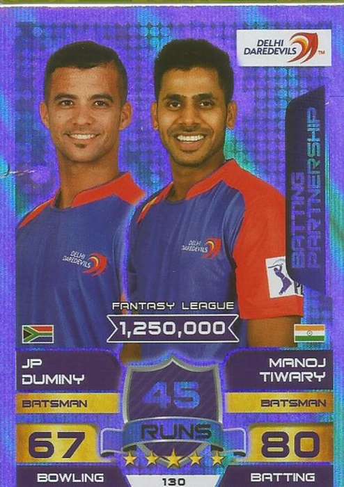 JP DUMINY/M. TIWARY - IPL CRICKET ATTAX 2015/16 - "BATTING PARTNERSHIP" SILVER TRADING CARD