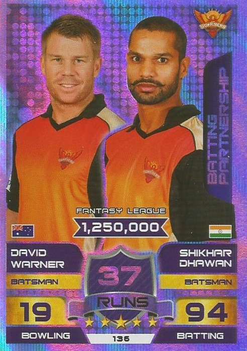 D. WARNER/S. DHAWAN - IPL CRICKET ATTAX 2015/16 - "BATTING PARTNERSHIP" SILVER TRADING CARD