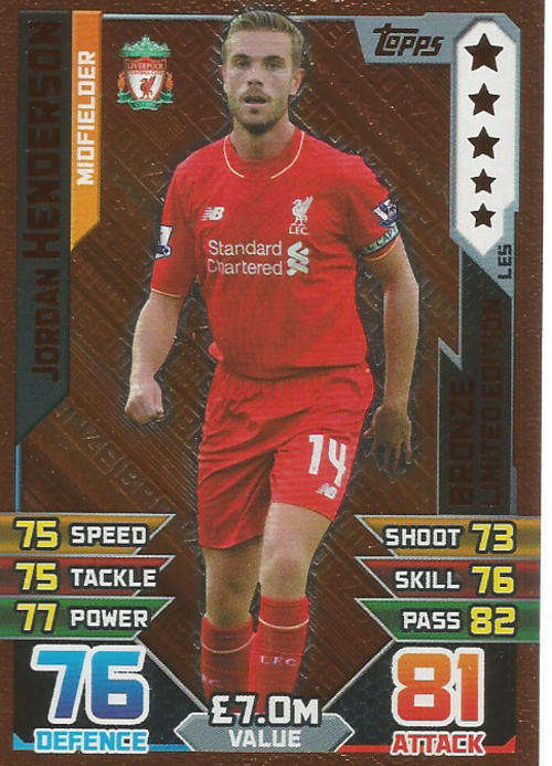 JORDAN HENDERSON - MATCH ATTAX 2015/2016 - BRONZE "LIMITED EDITION" TRADING CARD