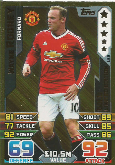 WAYNE ROONEY - MATCH ATTAX 2015/2016 - GOLD "LIMITED EDITION" TRADING CARD