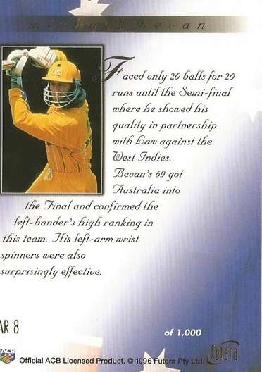 MICHAEL BEVAN - FUTERA 1996 CRICKET WORLD CUP  - "GOLD RETROSPECTIVE" CARD AR8 - Unnumbered of 1000