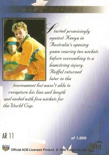 PAUL REIFFEL - FUTERA 1996 CRICKET WORLD CUP  - "GOLD RETROSPECTIVE" CARD AR11 - Unnumbered of 1000