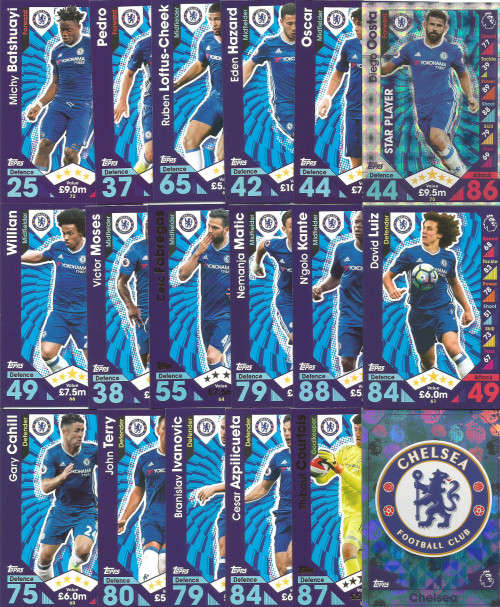 CHELSEA FC - MATCH ATTAX 2016/2017 - COMPLETE 18 TRADING CARD SET - Incl. FOILS