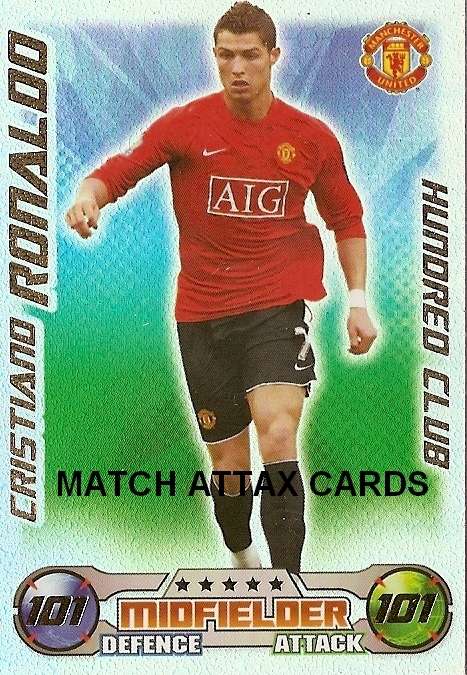 CRISTIANO RONALDO - MATCH ATTAX 2008/2009 - RARE "CLUB 100"  TRADING CARD