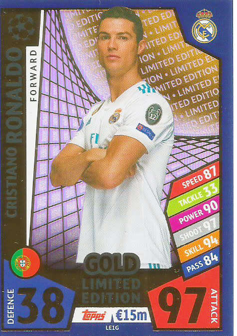 CRISTIANO RONALDO - TOPPS CHAMPIONS LEAGUE 2017/18 - GOLD `LIMITED EDITION` TRADING CARD