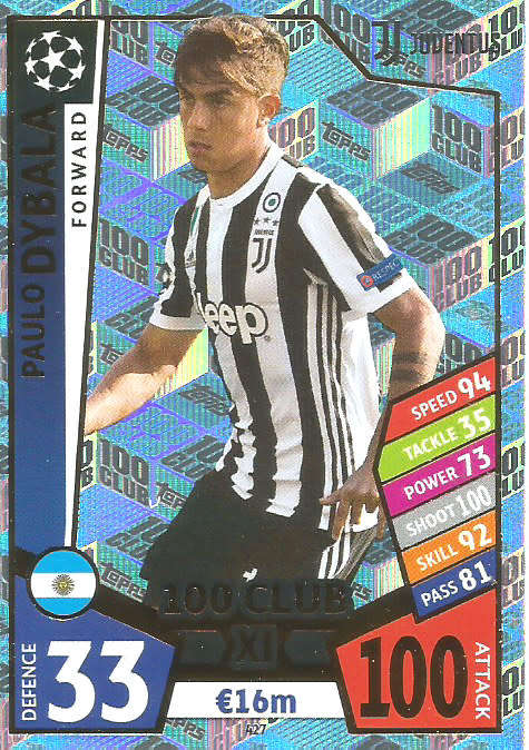 PAULO DYBALA - TOPPS CHAMPIONS LEAGUE 2017/18 -  RARE "CLUB 100"  TRADING CARD 427