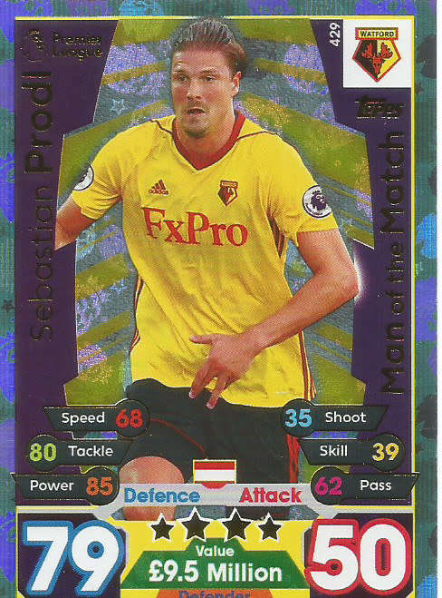 SEBASTIAN PRODL  - MATCH ATTAX 2017/18 - GOLD "MAN of the MATCH" TRADING CARD 429