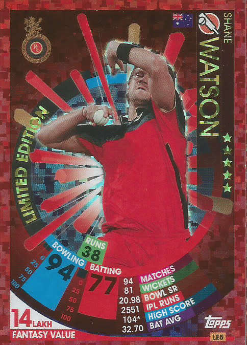 SHANE WATSON - IPL CRICKET ATTAX 2017/18 - RARE `LIMITED EDTION` TRADING CARD