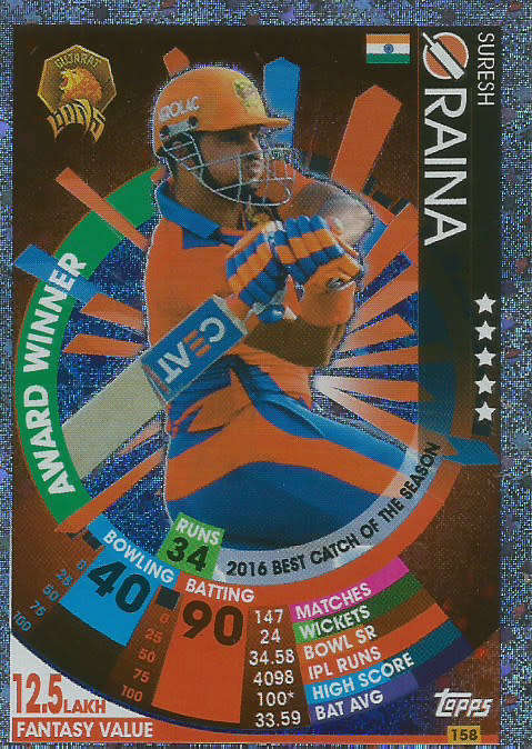 SURESH RAINA - IPL CRICKET ATTAX 2017/18 - SILVER `AWARD WINNER` TRADING CARD 158