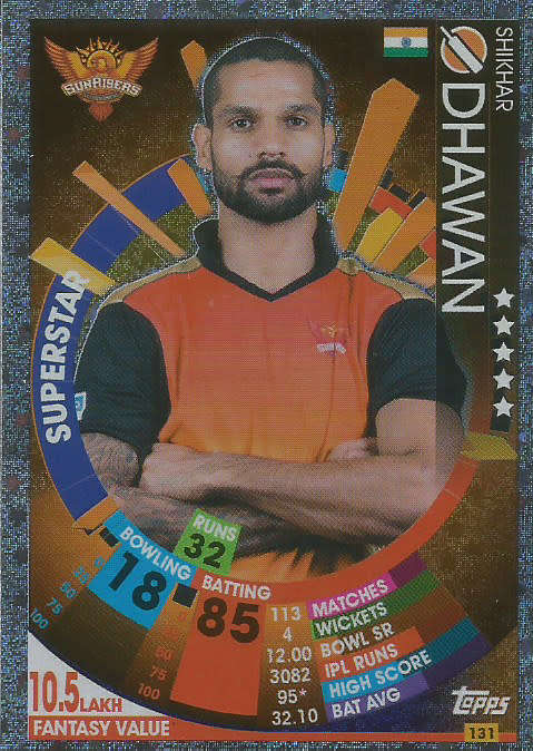 SHIKHAR DHAWAN - IPL CRICKET ATTAX 2017/18 -  SILVER "SUPERSTAR" TRADING CARD 131