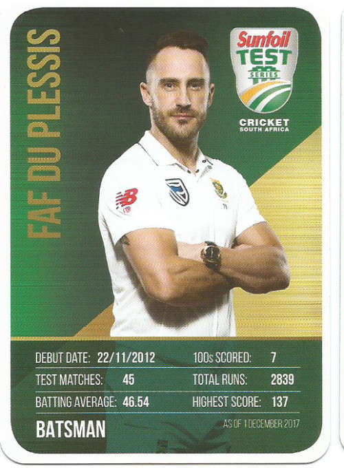 FAF DU PLESSIS  - CRICKET SA - 2018 SUNFOIL SERIES ` TEAM PLAYER`  TRADING CARD