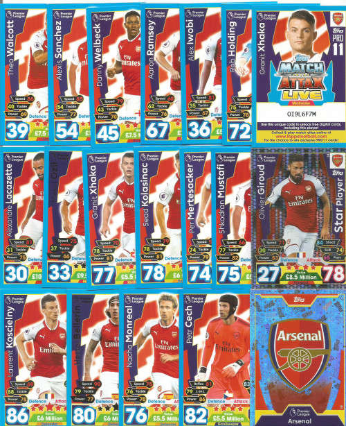 ARSENAL FC - TOPPS `MATCH ATTAX` 2017/2018 - COMPLETE SET of 27 TRADING CARDS - FOILS INCLUDED